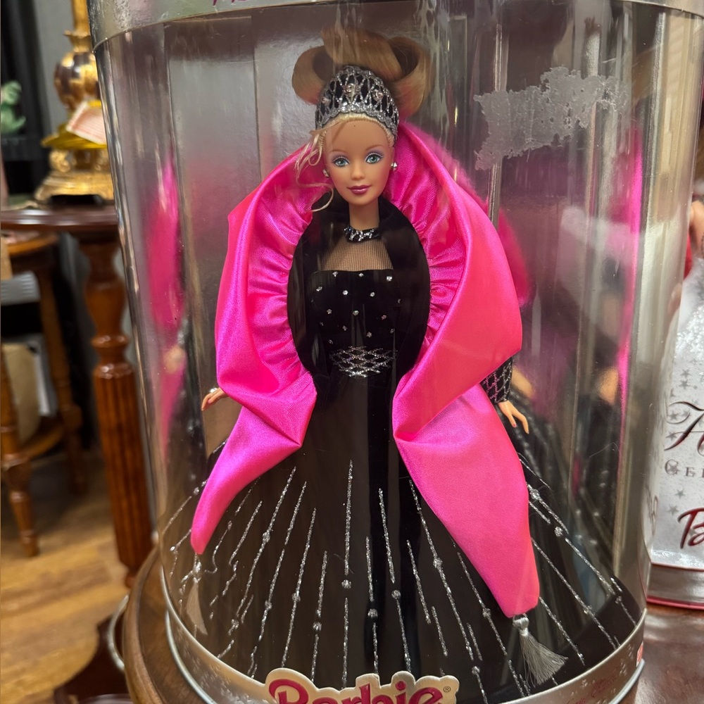 Barbie in Black Dress with Vibrant Pink Shawl